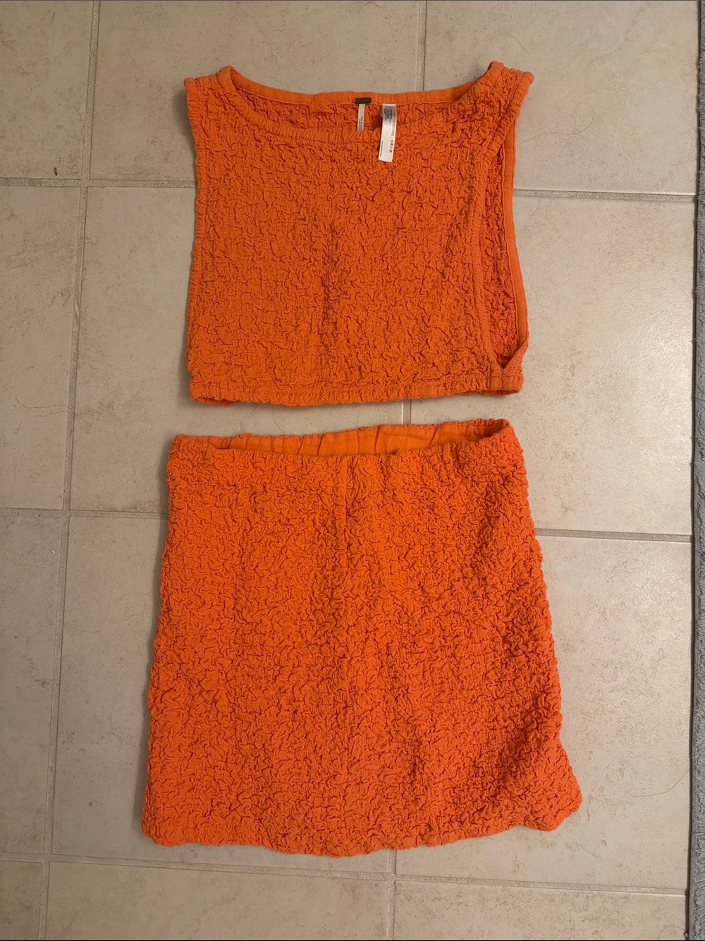 Free People Bright Orange Textured Two-Piece Skirt Set